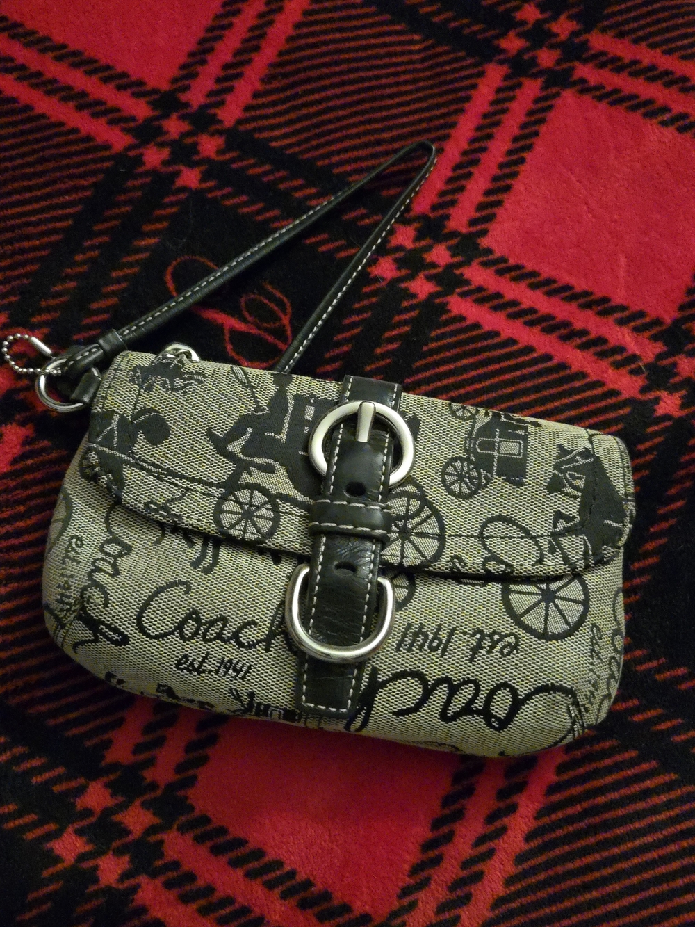 Coach Signature Script Canvas Wristlet in Black and Tan